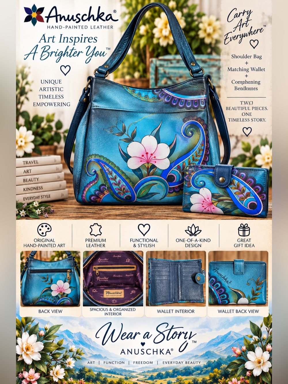 Anuschka Hand-Painted Teal and Blue Floral Shoulder Bag with Wallet
